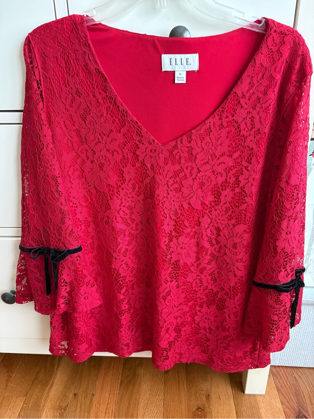 ELLE Pink-Red Floral Lace V-Neck Top with Black Bow Sleeves